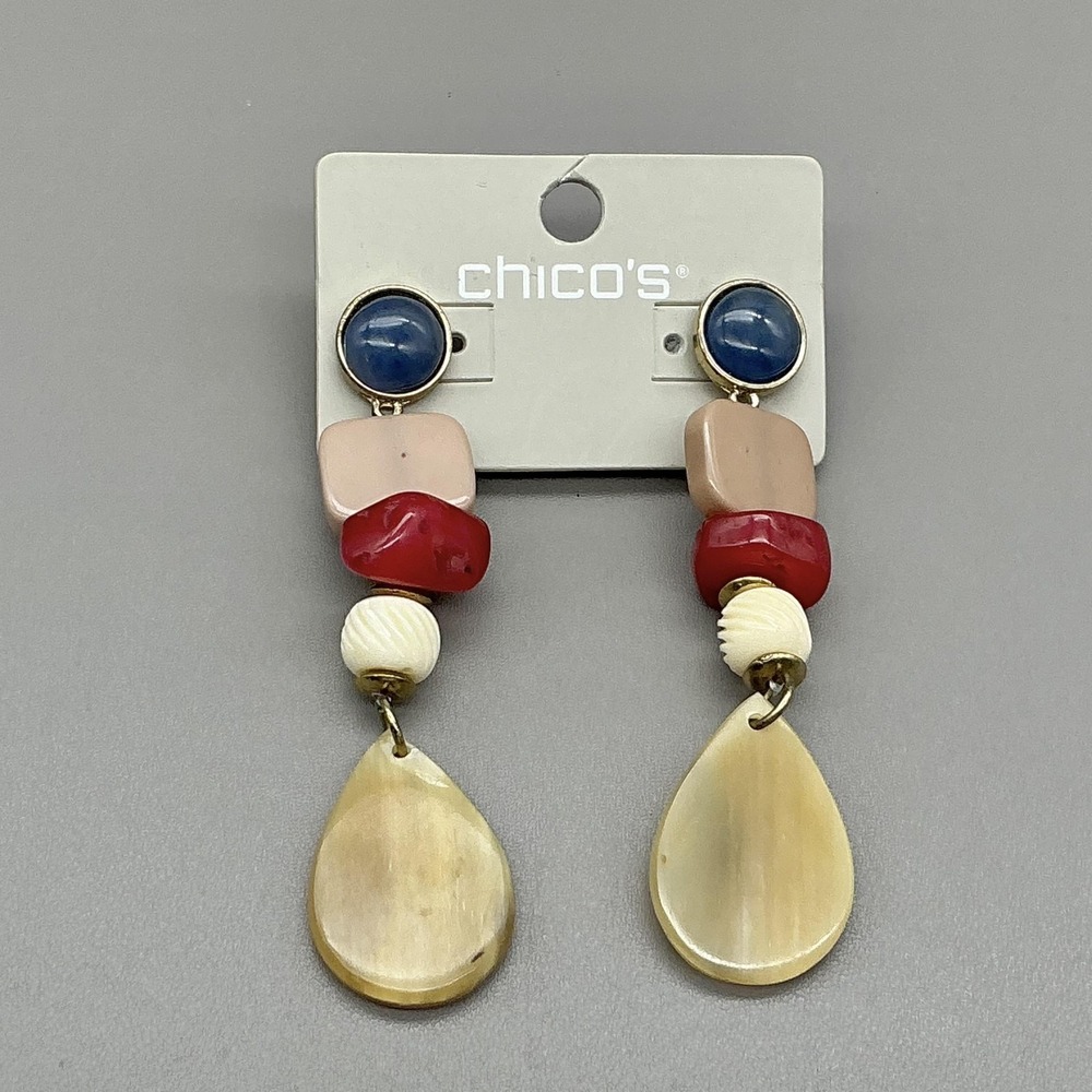 Chicos Earrings Multicolor Beaded Resin Teardrop Dangle Boho Statement‎ Jewelry